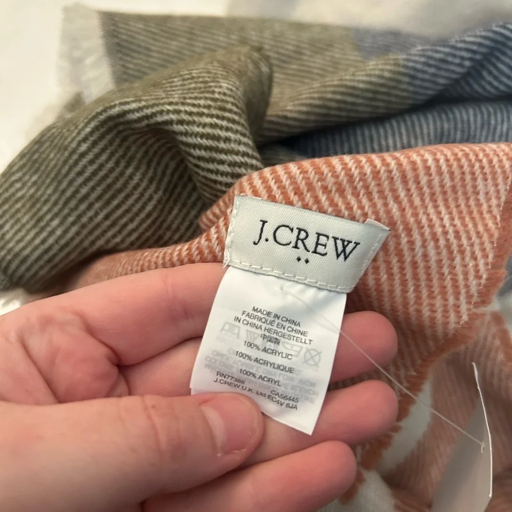 J. Crew NWT raw edge color block large scarf wrap blue white red green